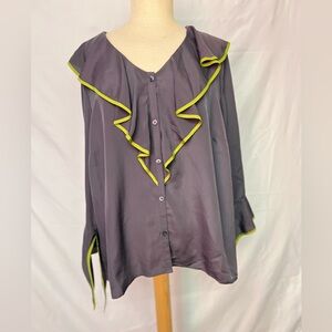 Twisted Gray Button-Front Ruffle Top with Lime Trim